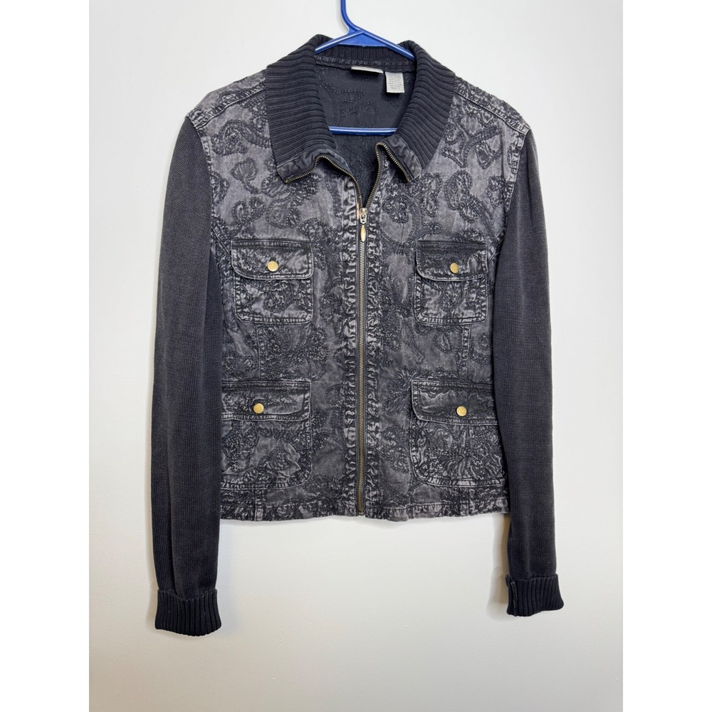 Chico's Denim Jacket Womens 2 L Gray Excellent Paisley Embroidered Knit Sleeve